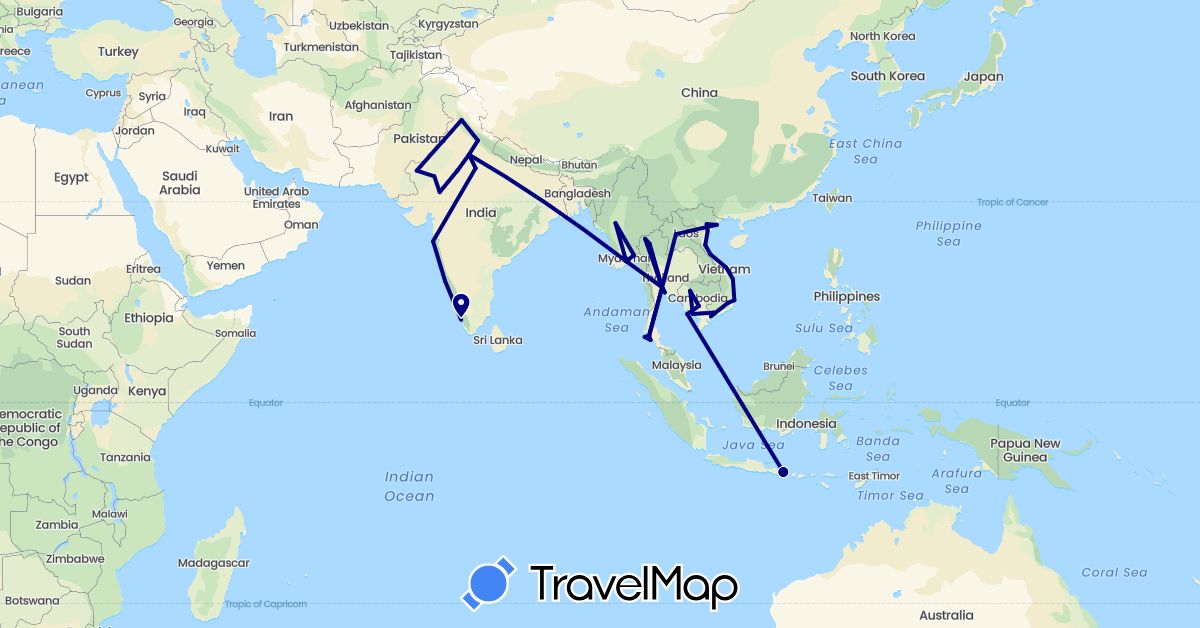 TravelMap itinerary: driving in Indonesia, India, Cambodia, Laos, Myanmar (Burma), Thailand, Vietnam (Asia)